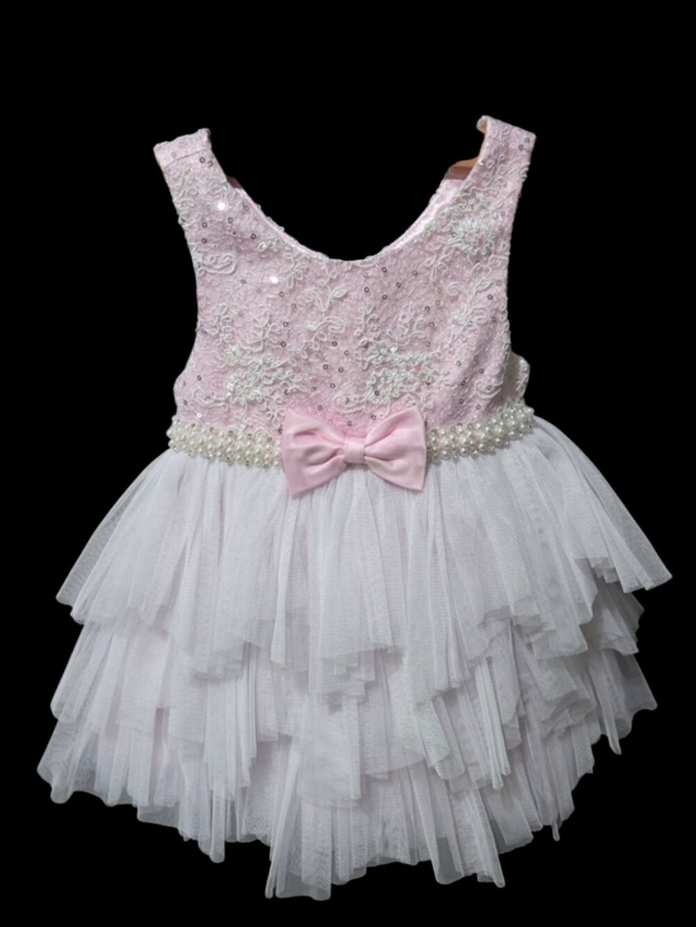 American Princess Pink Tulle Party Dress 24M Pearl Beaded Bow Sequin Lace Toddle